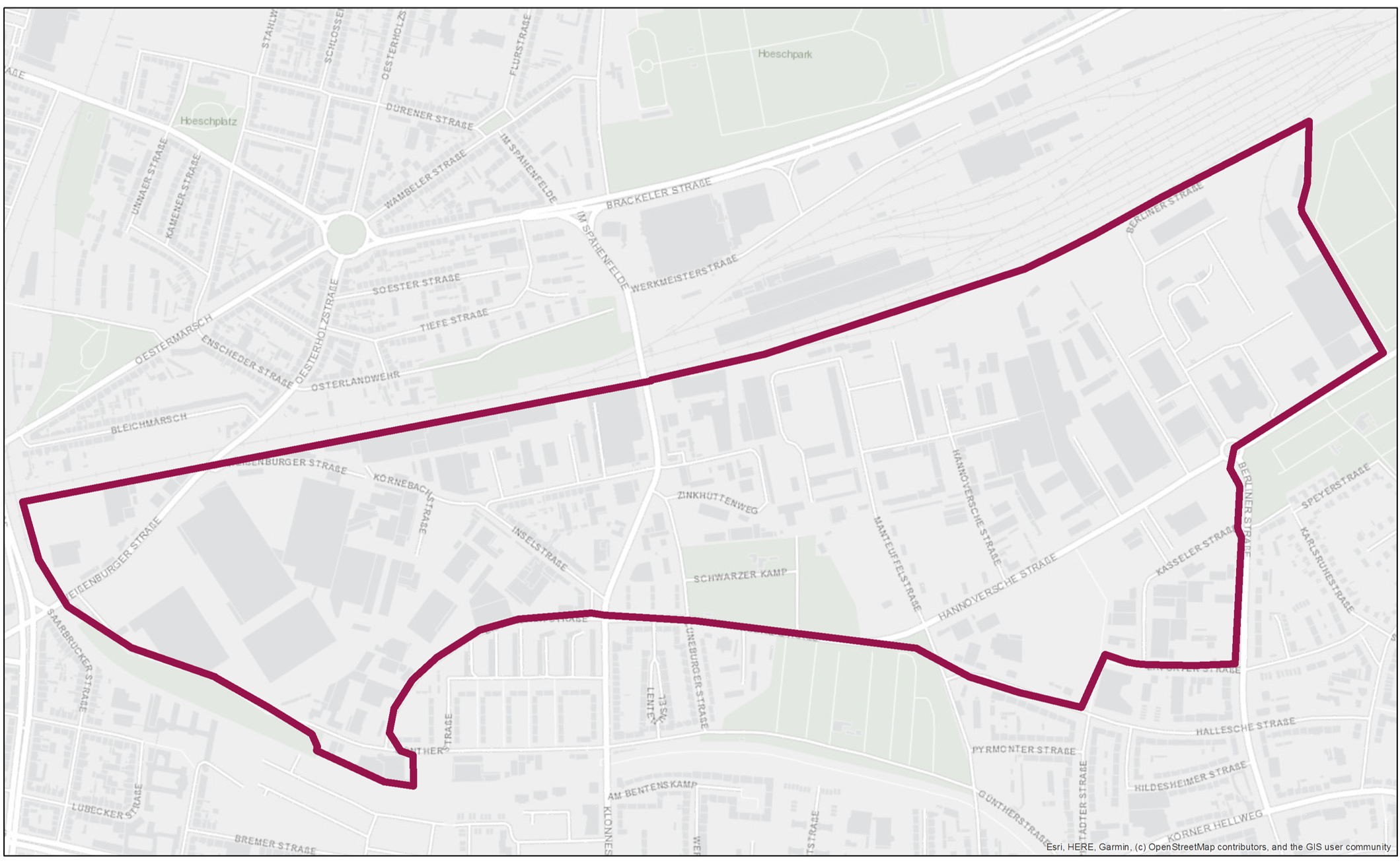 Glasfaser Spatenstich Dortmund: Plusnet-Glasfaserausbau in Dortmund: Ausbaubereich in den Gewerbegebieten „Im Spähenfelde“ Nord und West rund um die Hallesche Straße / Quellennachweis: Esri, HERE, Garmin, © OpenStreetMap contributors, and the GIS user community